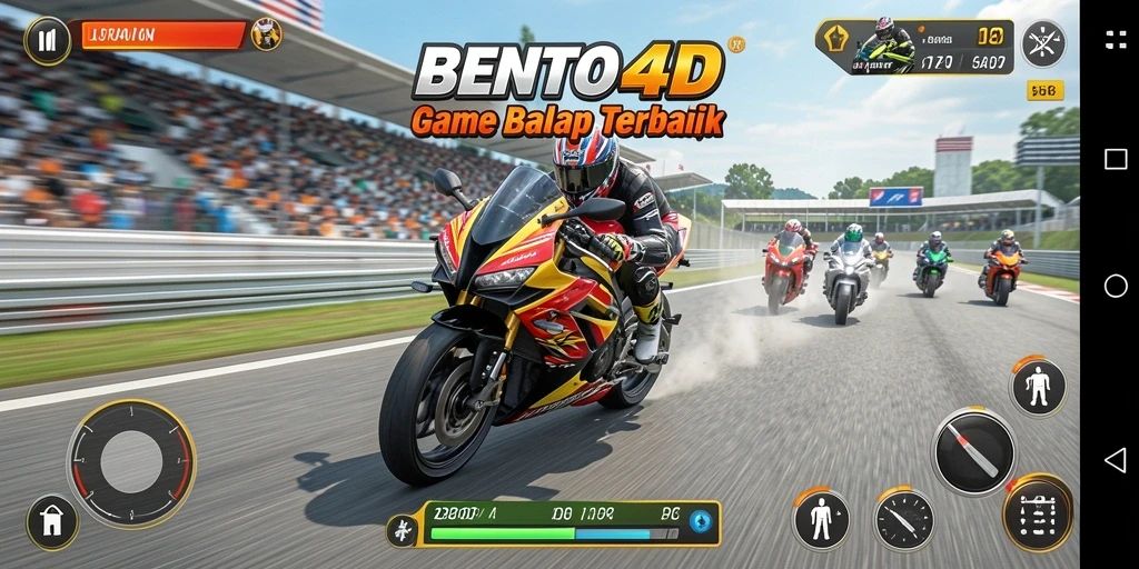 Tangkapan layar BENTO4D dengan aksi balap motor yang mendebarkan.