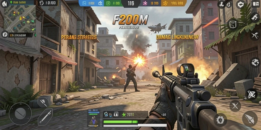 Screenshot gameplay F200M menampilkan aksi seru di medan perang FPS.