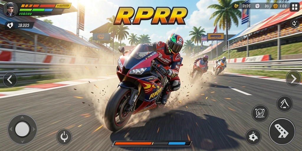 Screenshot gameplay RPRR menampilkan aksi balapan motor yang mendebarkan.